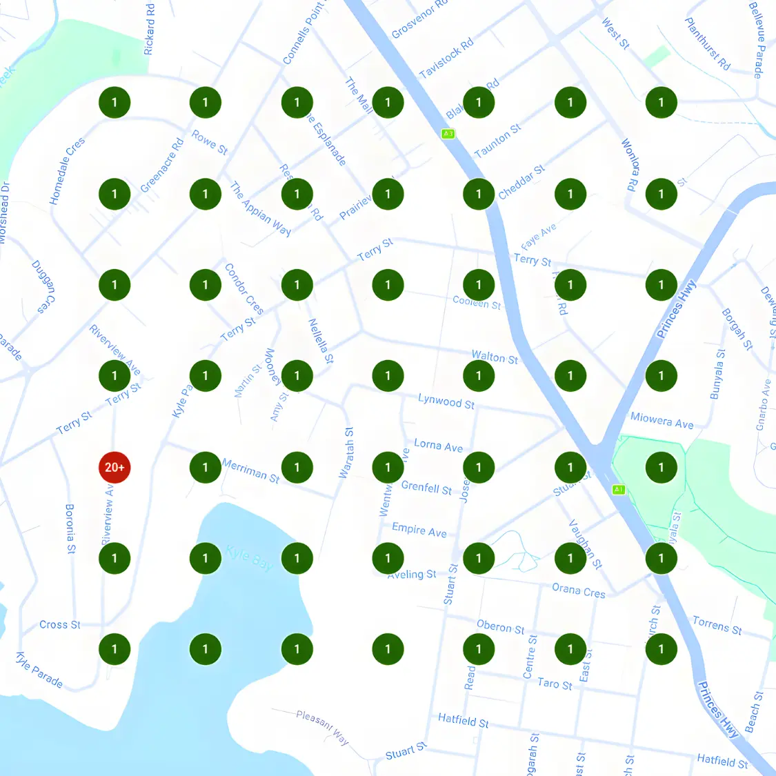 Local SEO heat map after Vyxbit showing rank 1 across every suburb